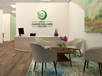 Erie Cancer Wellness Interior Lobby Rendering with logo on wall.