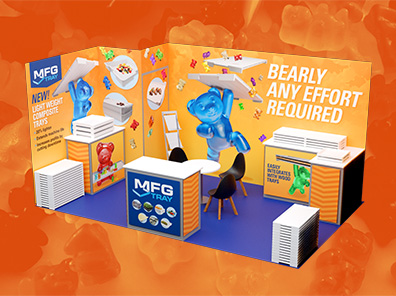 MFG Tray tradeshow booth render with large gummy bear wall graphics