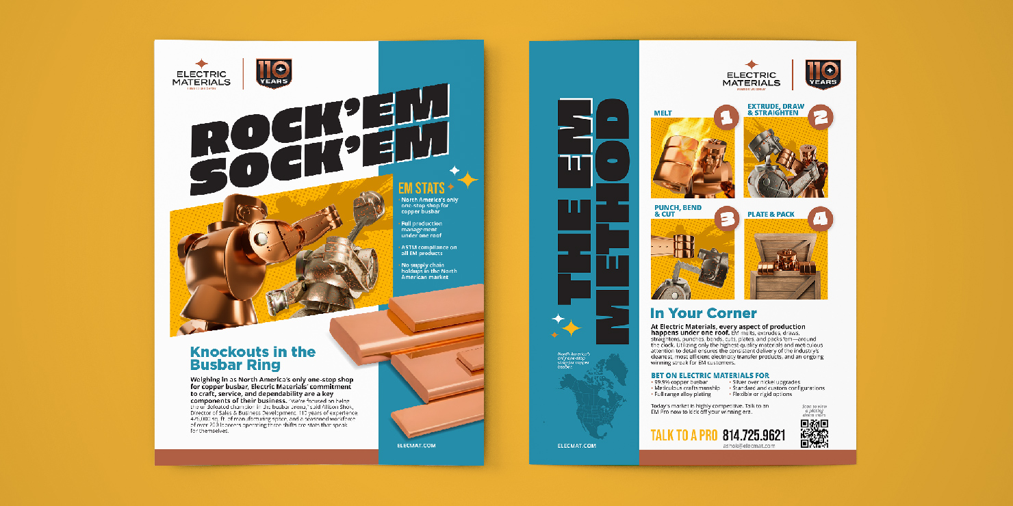 Front and back view of busbar flyer on yellow background